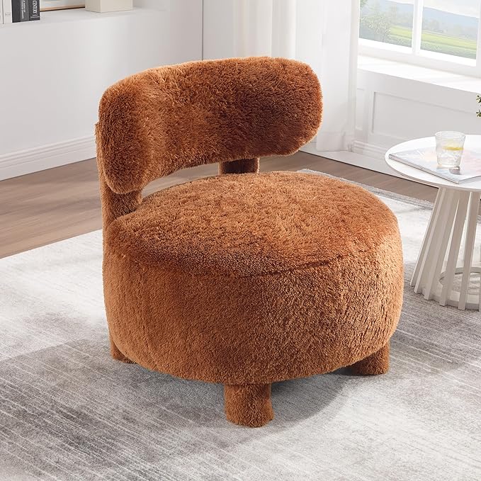 Upholstered Armless Chairs Modern Fur Accent Chair Cute Furry Chairs with Curved Backrest and Solid Wooden Legs for Living Room Bedroom Reading Room Khaki