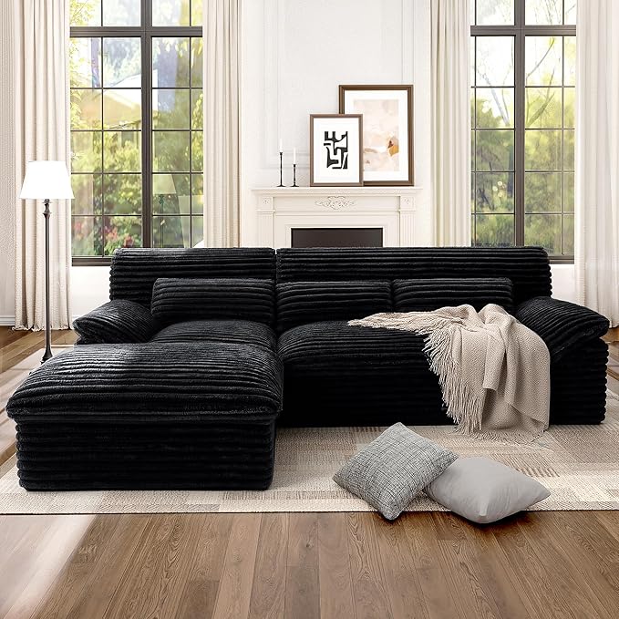 Modular Sectional SofaBoneless Couch for Living Room3 Seat L-Shaped Cloud Sectional Couch with Double-Layer Thickened Deep SeatComfy Corduroy Fabric Sofa Bed72h ReboundBlack
