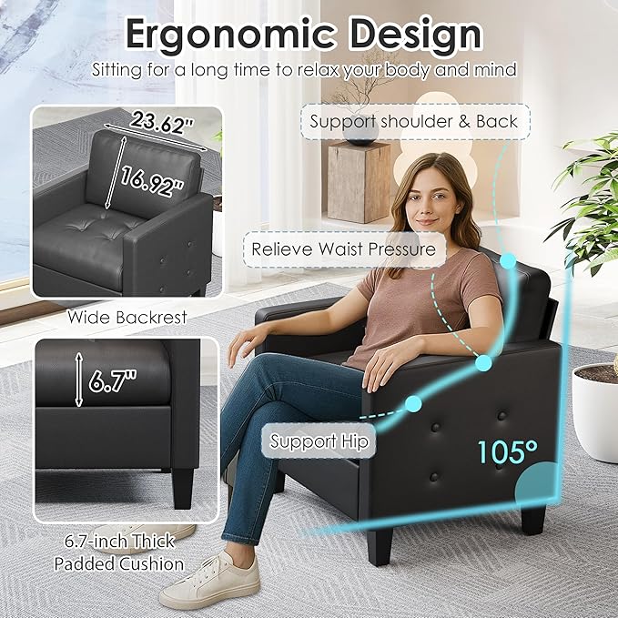 STHOUYN Accent Chair Black Leather Chair Mid-Century Modern Living Room Chairs Cozy Office Reading Chair with Tufted Seat and Armrest Reception Armchairs for Bedroom Waiting Room