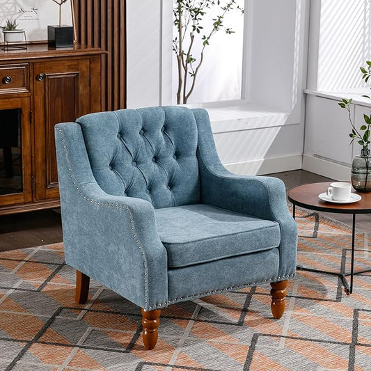 Generic Blue Accent Chair Living Room Chair Footrest Chair Set with Vintage Brass Studs Button Tufted Upholstered Armchair for Living Room Comfy Reading Chair for Bedroom Reception Room