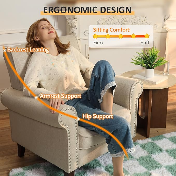 PrimeZone Comfy Accent Chair Set of 2 Mid-Century Modern Fabric Living Room Chair Reading Chair with Soft Cushion Nailhead Trim &amp Rolled Armrest Arm Chair Sofa Chair for Bedroom Waiting RoomBe