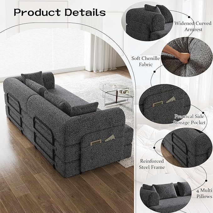 Convertible Floor Sofa Bed 79 Compression Sofa Foldable Sleeper Couch Bed Modular Sectional Comfy Loveseat 4-Seater No Assembly Required for Living Room Guest Room Chenille Fabric Grey