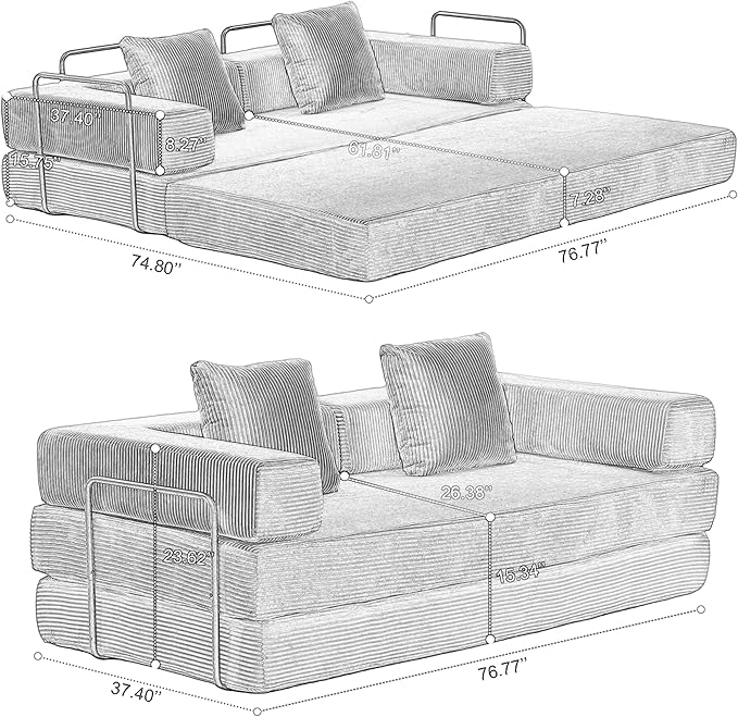 Convertible Couch Sofa Bed Foldable Floor Sleeper | Modern Fold Out Couch | Removable Backrest &amp Armrests | No Assembly Compression Sofa Sleeper for Living Room Bedroom | Corduroy Fabric Beige