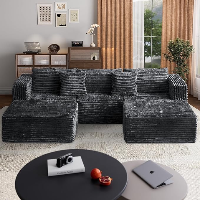 110 Corduroy Modular Sectional Boneless Sofa with 2 Ottomans Convertible Cloud Couch with Deep Seats Fluffy Memory Foam U Shaped Couch for Living Room No Assembly Required (Black)