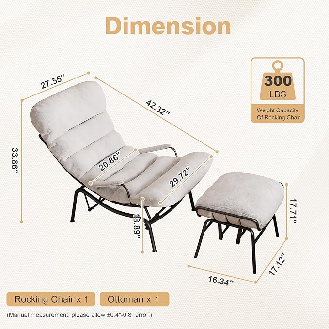 ovios Rocking Chair with Ottoman Glider Recliner with Footrest Lazy Accent Armchair with Comfy Cushion for Living Room Bedroom Office Cloud Plush Velvet White