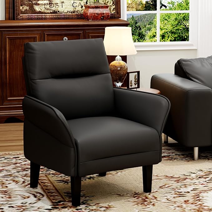 ALISH Mid-Century Accent ChairUphsoltered Modern Armchair Side Chairs with Wood LegsFaux Suede Single Sofa Chair for Living Room Bedroom (Black Set of 1)