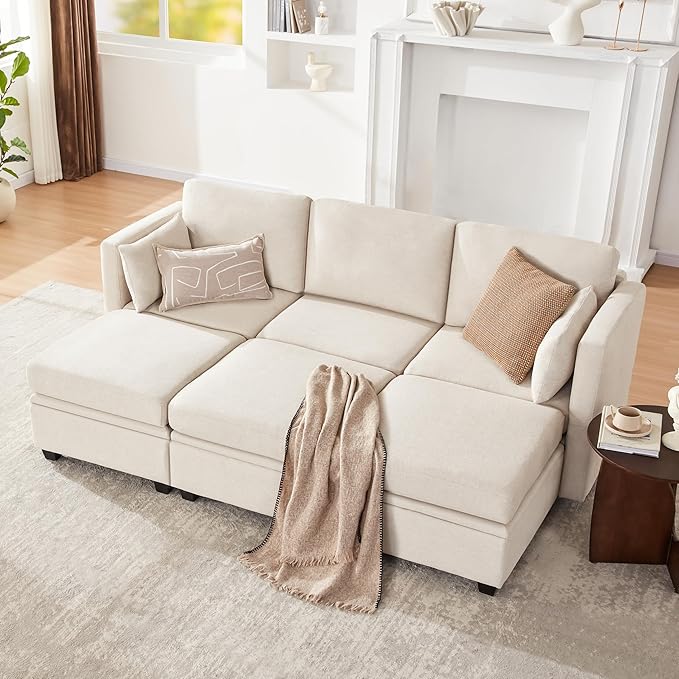 Modular Sectional Sleeper Sofa Bed 6 Seat Couch With Storage for Living Room Reversible Chaise Beige