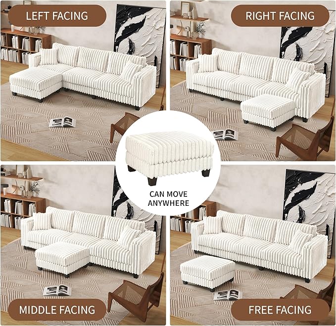 AVZEAR L Shaped Faux Rabbit Fur Fabric Sectional Couch Modern Cloud Modular Sofa with Movable Ottoman and 2 Pillows Small Sectional Convertible Couch for Living Room Bedroom and Apartment White