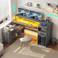 YITAHOME L Shaped Desk with Drawers 59 Corner Computer Desk with Power Outlets &amp LED Lights Farmhouse Wood L-Shaped Desk with File Cabinet Printer Stand Host Stand for Home Office Grey