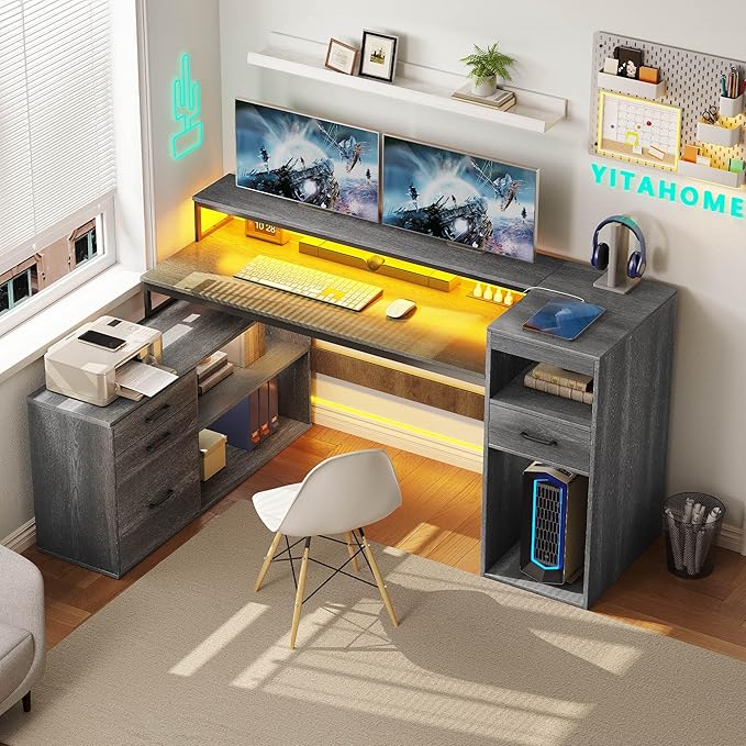 YITAHOME L Shaped Desk with Drawers 59 Corner Computer Desk with Power Outlets &amp LED Lights Farmhouse Wood L-Shaped Desk with File Cabinet Printer Stand Host Stand for Home Office Grey