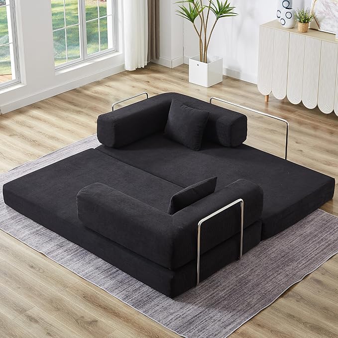 Convertible Couch Sofa Bed Foldable Floor Sleeper | All High-Density Foam | Fold Out Deep Seat Couch | King Size | Compression Sofa Sleeper for Living Room Bedroom | Corduroy Black