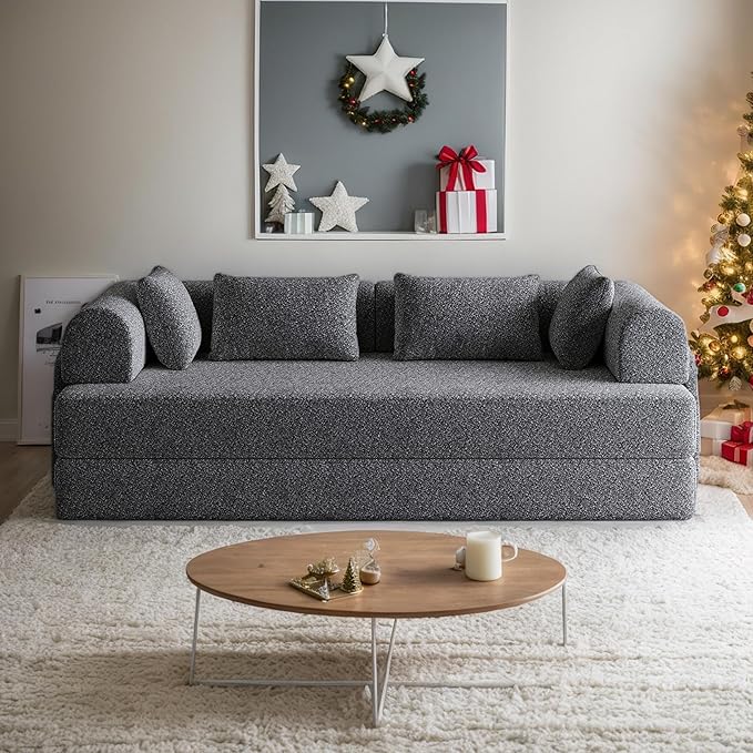 78.7 Chenille 4-in-1 Folding Convertible Sofa Bed Boneless Couches with 4 Pillows &amp Convenient Side Pockets Comfy Foldable Compressed Sofa in Box Floor Sofa Lounge Couch for Living Room(Gray)