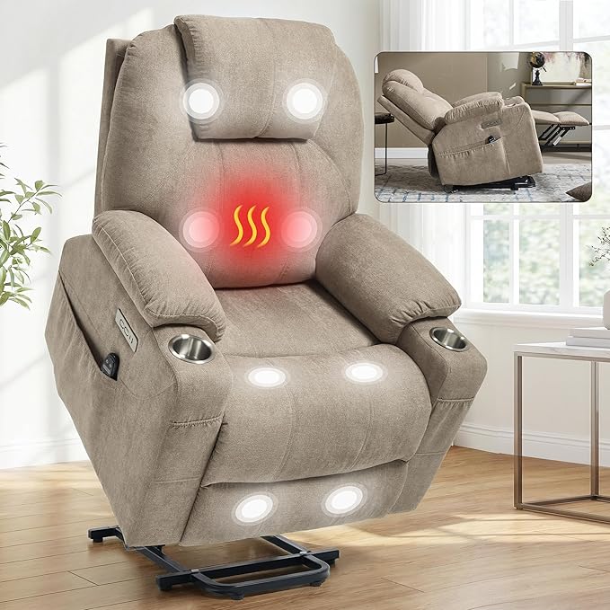 Power Lift Chair with Massage &amp Heat Electric Recliner Chairs for Adults Remote Control Sofa for Living Room Standing Assistance USB Ports Stainless Steel Cup Holders (Chenille Khaki)
