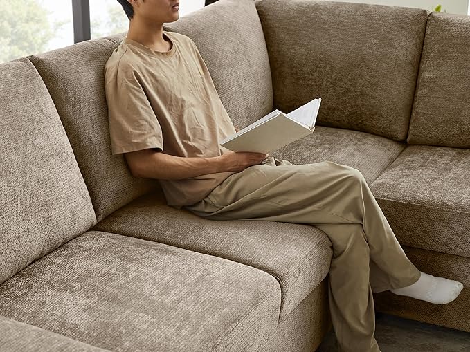 VANOMi 94 Sectional Sleeper Sofa with Pull Out Couch Comfy 6 Seater L Shaped Modular Sofa with Storage Ottoman Modern Convertible Chenille Cloud Couches for Living Room Apartment Camel