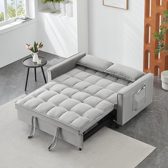 55 Modern Velvet Loveseat Sleeper Sofa 3-in-1 Convertible Pull-Out Bed with Adjustable Backrest 2 Pillows &amp Side Pockets Small Pull Out Couch for Living Room Apartment(Gray)