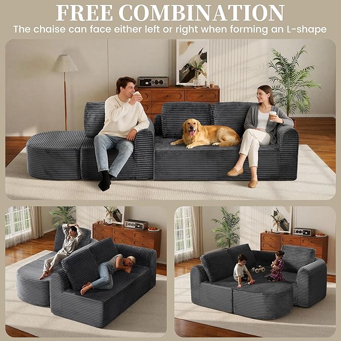 108” Modular Sectional Sofa Boneless Couches for Living Room Deep Seat L-Shape Cloud Couch with Chaise Comfy Sofa Freely Change Configurations No Assembly Required Soft Plush Corduroy Fabric(Grey)
