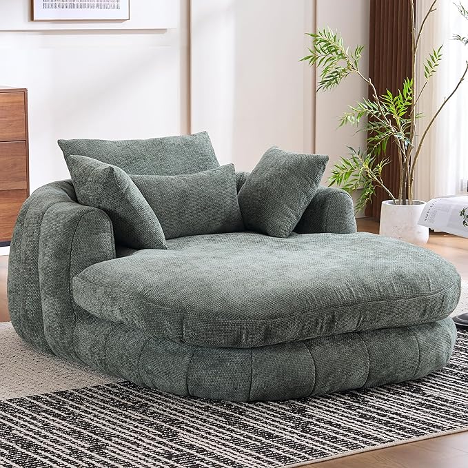 Oversized Chaise Lounge Indoor Deep Seat Boneless Sofa Bed with Throw Pillows Plush Chenille Fabric No Assembly Required Comfy Sleeper Sofa for Living Room Bedroom (Green with Pocket)
