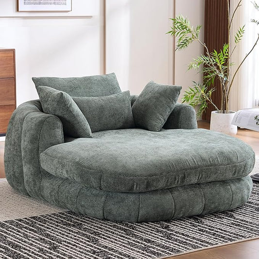 Oversized Chaise Lounge Indoor Deep Seat Boneless Sofa Bed with Throw Pillows Plush Chenille Fabric No Assembly Required Comfy Sleeper Sofa for Living Room Bedroom (Green with Pocket)