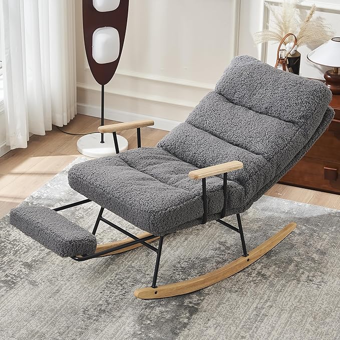Modern Rocking Chair Teddy Gliding Rocking Chair with High Back Retractable Footrest Adjustable Back Angle for Nursery Living RoomBedroom
