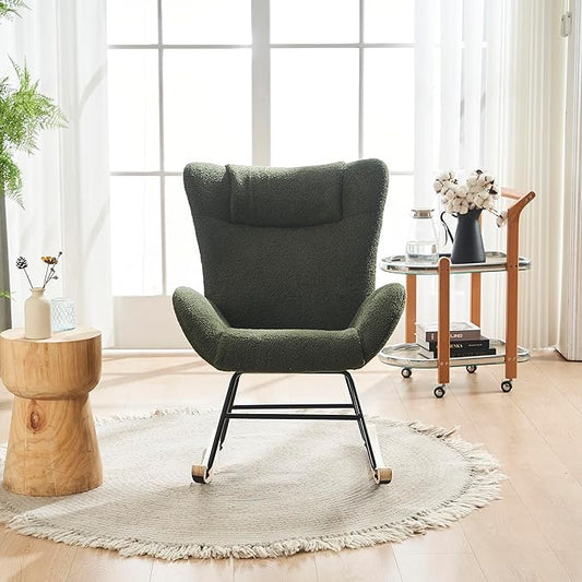 Rocking Chair Nursery Solid Wood Legs Reading Chair with Teddy Fabric Upholstered Nap Armchair for Living Rooms Bedrooms Offices Best GiftGreen Teddy Fabric