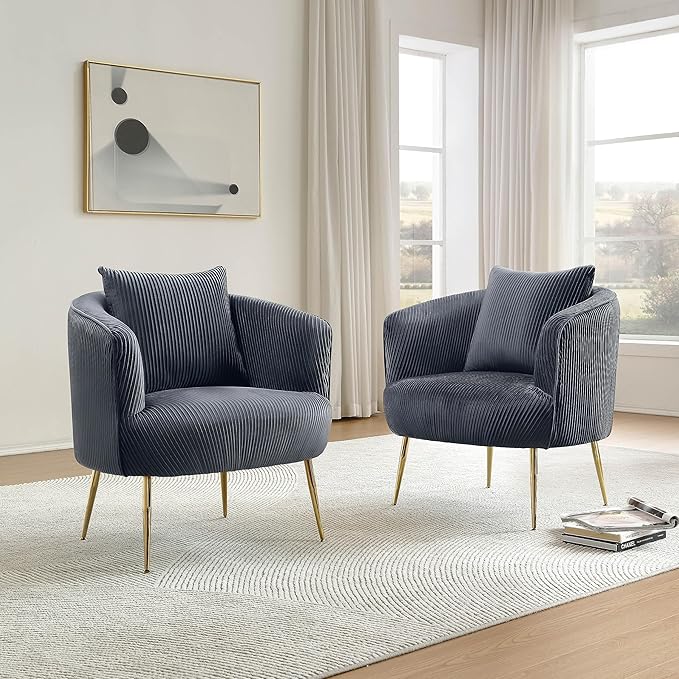 Art Leon Velvet Accent Chair Upholstered Modern Single Sofa Chair Comfy Barrel Chair with Golden Metal Legs for Living Room Bedroom Gray