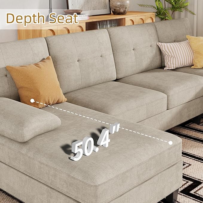 JAMFLY 107 U-Shaped Modern Sofa Modular Sectional Cloud Couch with Chaise 4-Seat Deep Seat Sofa for Living Room Bedroom and Apartment Khaki