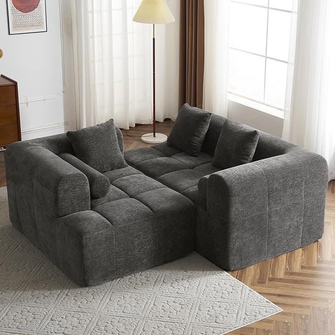 101.2 Sectional Sofa Full-Compressed Sofa Modular Sofa Couch Free-Combined with Deep Seating and Two Side Pockets for Living Room (Grey@90)