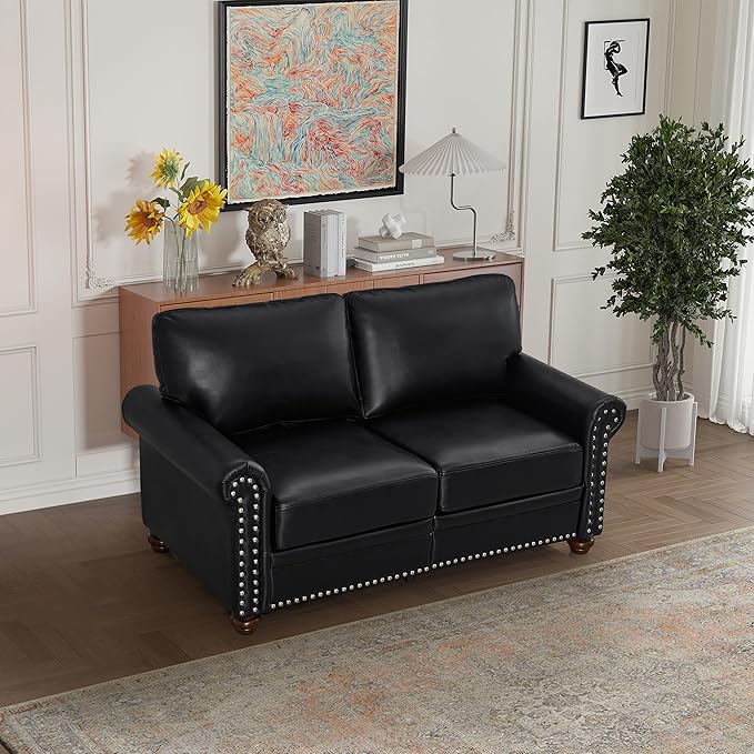 Faux Leather Sofa Set of 2: Love Seat +3 Seat Couch Underseat Storage Classic Sofa Elegance Rolled Armrests Nailhead Trim Wood Legs Classic Living Room Accent 2+3 Seat-Black