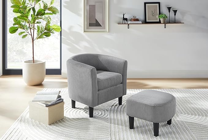 Modern Accent ChairUpholstered Arm Chair Corduroy Single Sofa Chair with Ottoman Foot Rest Comfy Armchair for Living Room Bedroom and OfficeGrey