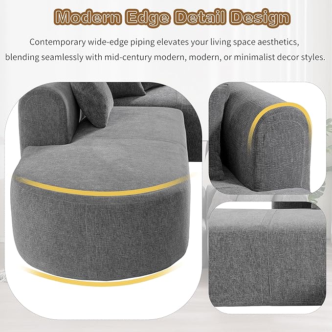 Modern L-Shaped Sofa Couch Stylish Chenille Corner Sofa for Living Room Curved Seat with Wide Stitching Four Comfortable Cushions Perfect for Living Room Bedroom and Office (Grey/367)