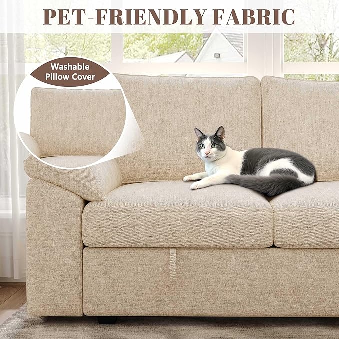 85 Inch Modular Sectional Sofa with Pull Out Bed L Shaped 5 Seat Sectional Sleeper Sofa with Storage Sectional Couches for Living Room Cloud Modular Couch Removable Sofa Cover Beige