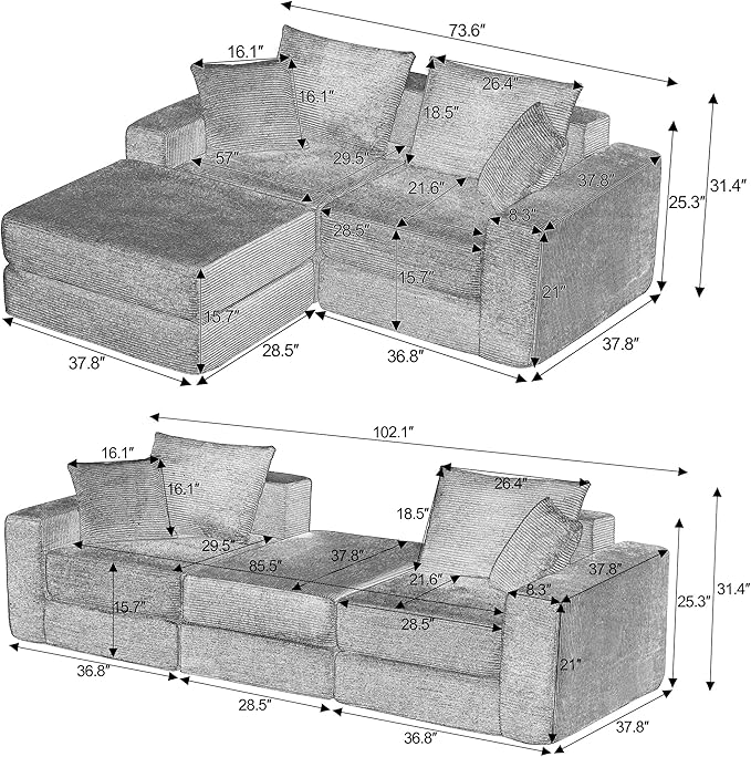 Modular Loveseat L Shaped SofaBoneless Cloud Couch with Ottoman (Black) | Freely Combination No Assemble Required Modular Design Breathable Fabric Convertible to Bed Futon Bed