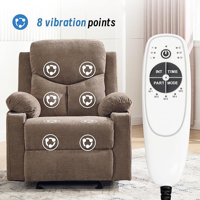 Manual Rocker Recliner Chair for Adults with Vibration MassageGlider Rocking Recliner Chairs for Living Room Bedroom Overstuffed Reclining Sofa Chair with Pockets and Cup Holds (Coffee)