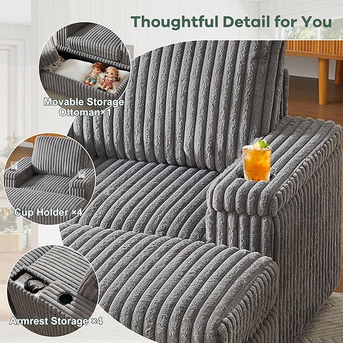 127 Modular L Shaped Sofa Couch Modern Comfy Corduroy Couch Convertible Sectional Sofa Set with 3 Ottomans Chaise Armrest Storage Cup Holder Home Sofa Living Room Free Combination (Grey)