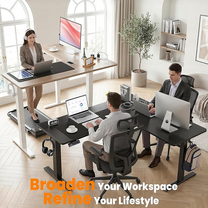 farexon 63x55 Inch L Shaped Standing Desk with Outlets Electric Adjustable Height Stand Up Desk Corner sit Stand Desk with Mouse Pad Hook Home Office Writing Gaming Computer Workstation Oak Grey