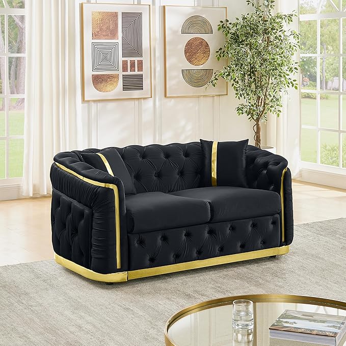 KEIKI 63 Luxury Oversized Velvet Chesterfield Sofa with 2 Pillow &amp Gold Stainless Decoration Italian Modern Style 2-Seater Button Tufted Couch with Rolled Arms Easy Assembly for Living Room B