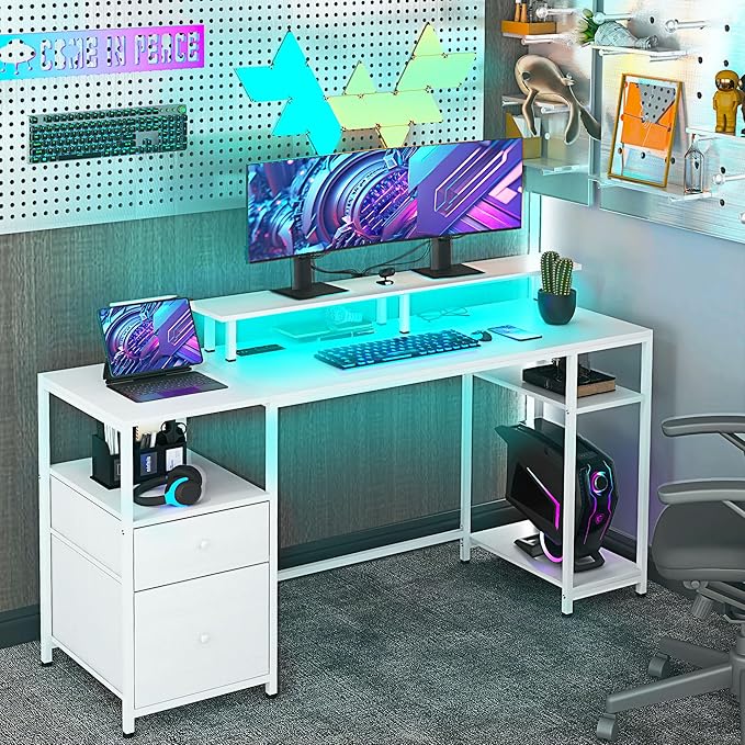 61 Computer Desk with LED Lights Power Outlets and USB Ports Gaming Desk with Storage Shelves Monitor Stand Fabric Drawers Remote for Home Office Study Distressed White
