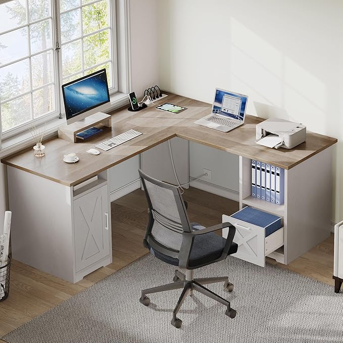 DWVO L Shaped Desk with File Drawer 60 Corner Computer Desk with Power Outlets Home Office Desk with Monitor Stand &amp Storage Shelves &amp File Cabinet Grey Wash