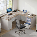 DWVO L Shaped Desk with File Drawer 60 Corner Computer Desk with Power Outlets Home Office Desk with Monitor Stand &amp Storage Shelves &amp File Cabinet Grey Wash