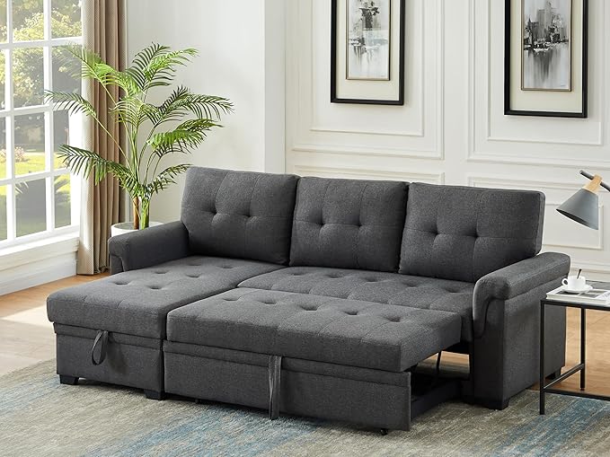 Lilola Home Convertible Sectional Sleeper Sofa Bed 84 Inch L Shaped Couch with Pull Out Bed Storage Chaise Removable Back Cushions for Living Room Office Linen Fabric Dark Gray