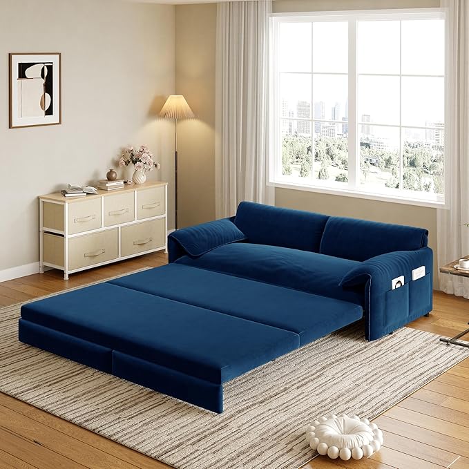 healthomse 66 Queen Size Sleeper Sofa Bed 3-in-1 Convertible Pull Out Sofa Bed with Side Storage Modern Velvet Loveseat for Living Room Bedroom Apartment Office Lounge (Dark Blue 66inch)