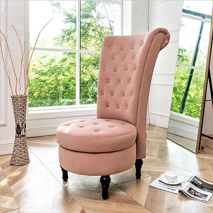 Royal High-Back Velvet Accent Chair for Vanity with Storage and Luxurious Upholstery Retro Design and Versatile Usage for Living Room Bedroom Lounge and Office Rose
