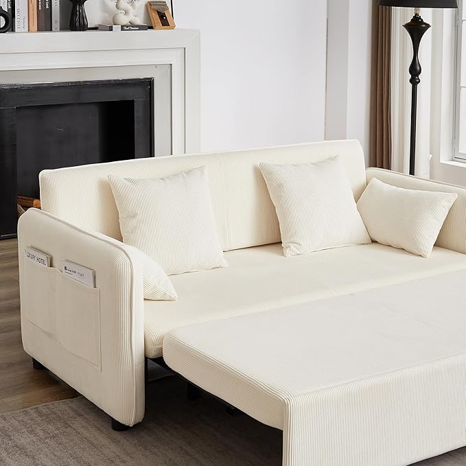 Ball &amp Cast 66 Convertible Sofa Bed3-in-1 Corduroy Loveseat Sleeper Pull Out Couch Bed with Pillows and Side Pockets Deep Seat Comfy Sofa Couches for Living RoomApartmentBeige