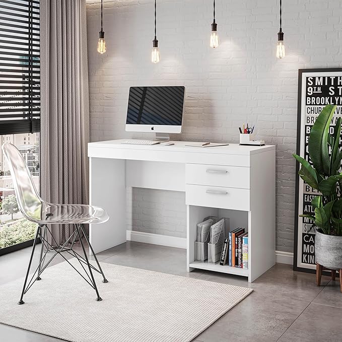 Techni Mobili Engineered Wood Writing Desk with Drawers and Storage and Open Compartment - A 47.5” Wide Home Office Desk with Drawers for Ample Storage- White Desk with Storage
