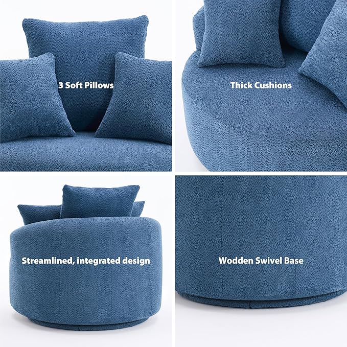 Modern 39 Swivel Barrel Chair Comfy Boucle Upholstered Accent Chair with 360° Rotation Single Sofa with 3 Pillows Ergonomic Design for Living Room Bedroom Office Antique Blue