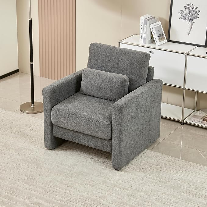 Mid Century Modern Accent Chair Comfy Upholstered Living Room Chair Single Sofa Arm Chair Reading Accent Chair with Lumbar Pillow for Living Room Bedroom Office