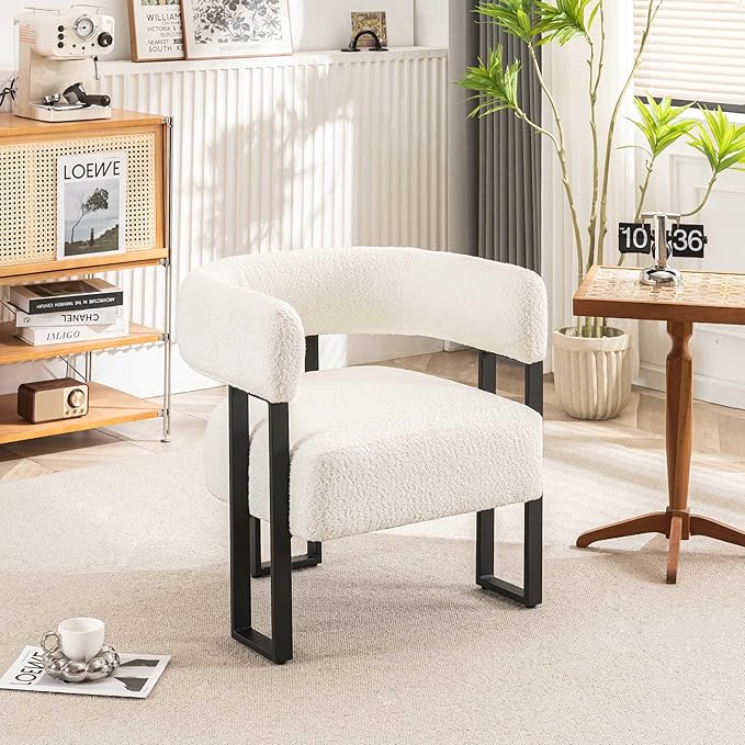 YOUNIKE Accent Chair White Upholstered Teddy Velvet Single Sofa Modern Corner Round Padded Armrest Club Boucle Armchair for Living Room Bedroom Office Hotel Lounge Nursery Apartment Black Metal Stand