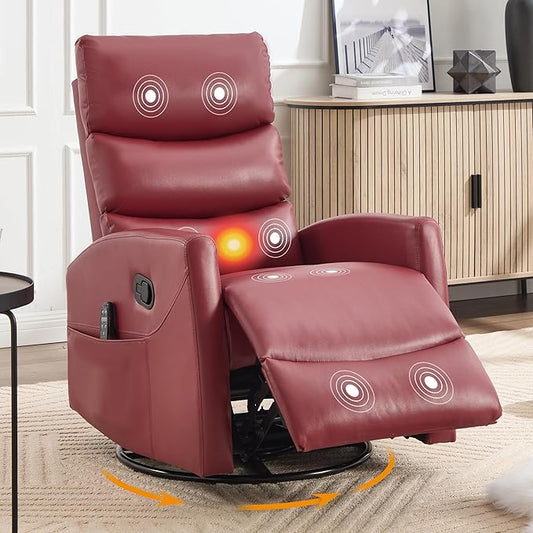 Manual Swivel Rocker Recliner Chair for Adults Overstuffed Reclining Glider Chair for Nursing with Vibration Massage &amp Heat Living Room Rocking Recliner 3-Stage backrest Faux Leather Red