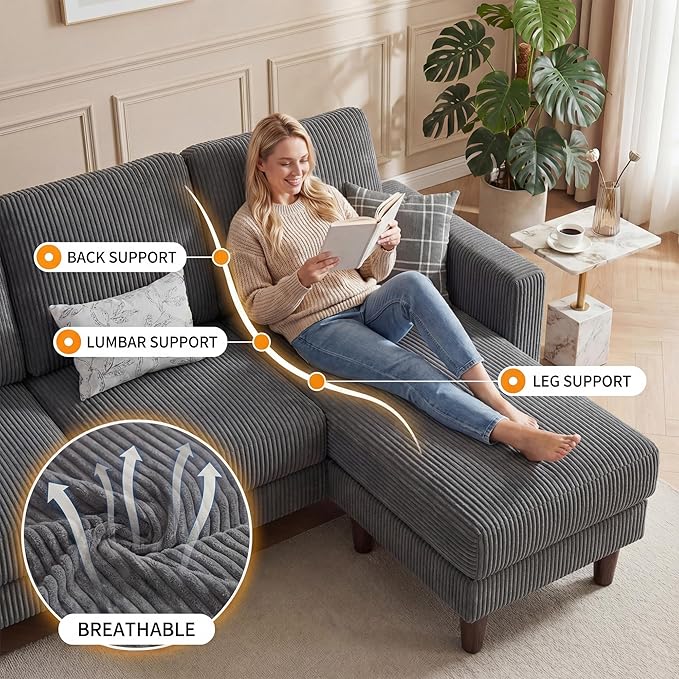 Homall 3 Seat Couch L Shape Sofa with Side Storage Pockage Sectional Couches with Reversible Ottoma Upholstered Sofa for Living Room and Small Spaces (Corduroy Grey)
