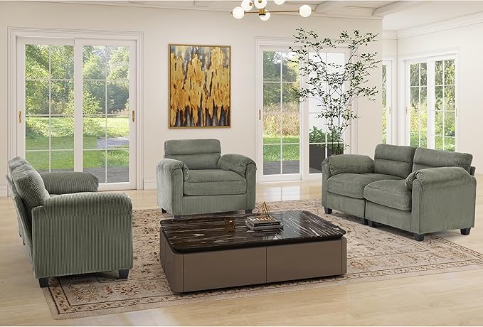 Corduroy Sofa Set Upholstered Armchair and Loveseat Sofa Set of 2 with Plush Cushions and Rolled Arms Modern Living Room Furniture SetsGreen